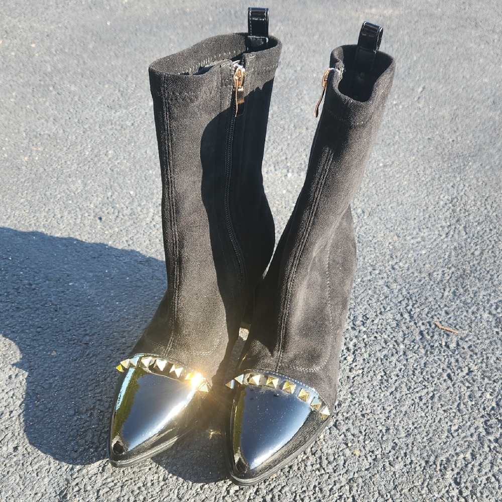 Black Suede Mid-Calf Heeled Boots with Gold Cap Toe and Stud Trim